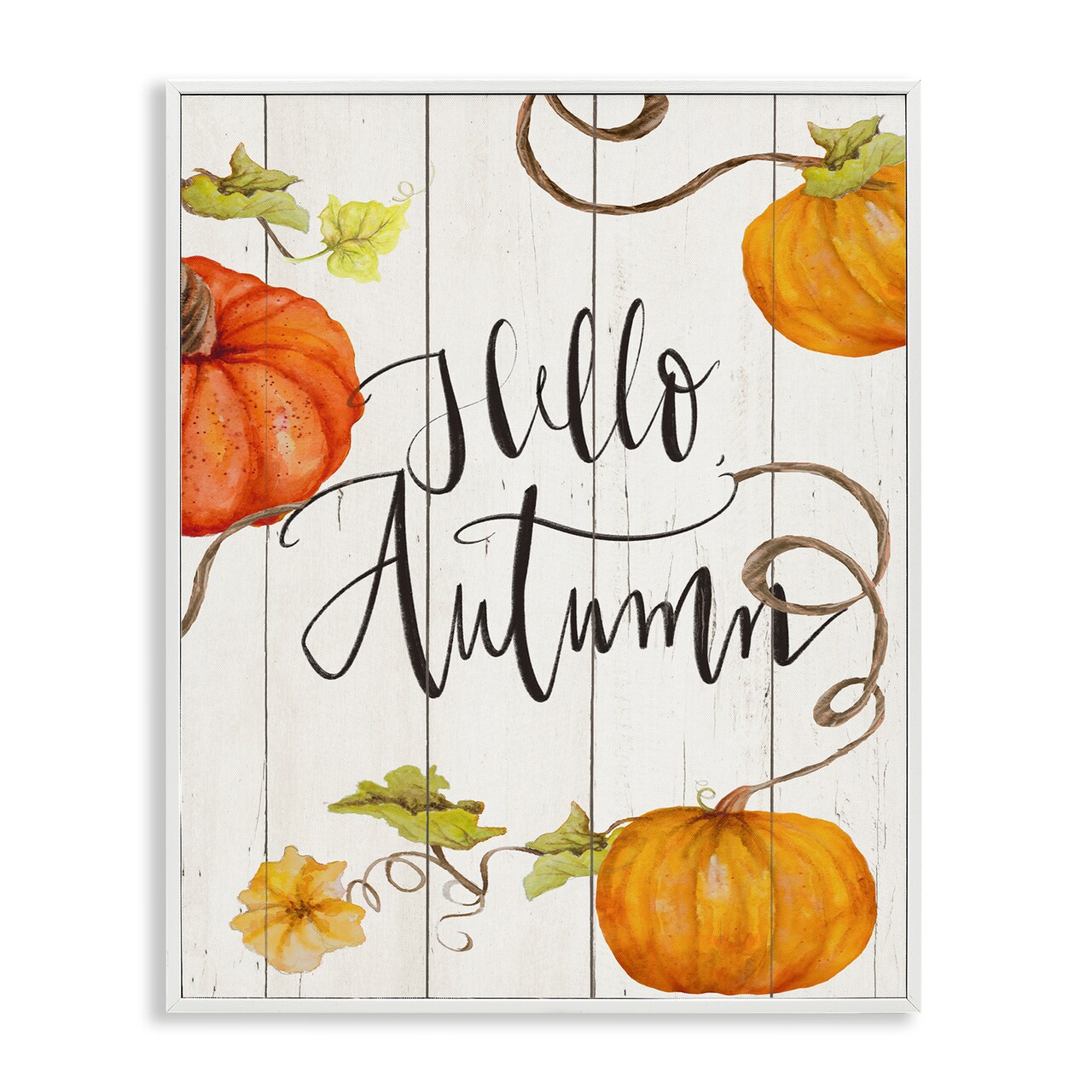 Hello Autumn Calligraphy Sign Rustic Pumpkin Vines Framed Giclee Art